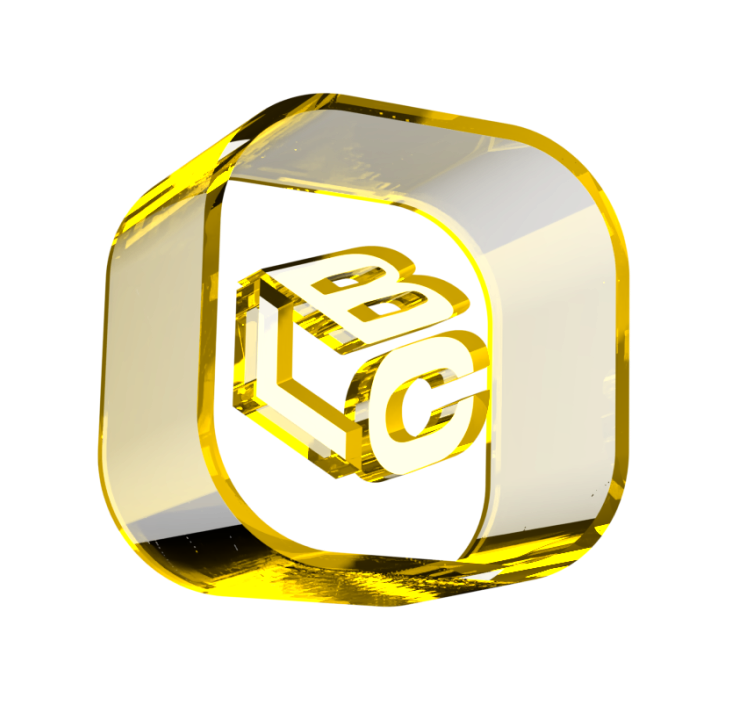 Cubo dourado translúcido com letras ABC em 3D