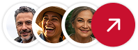 Grupo de pessoas sorrindo em círculo com ícone de seta para cima