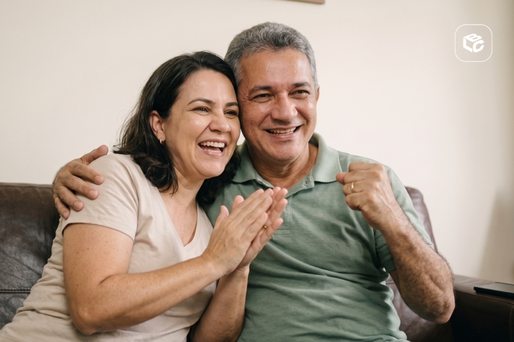 Casal sorridente em casa, celebrando um momento juntos