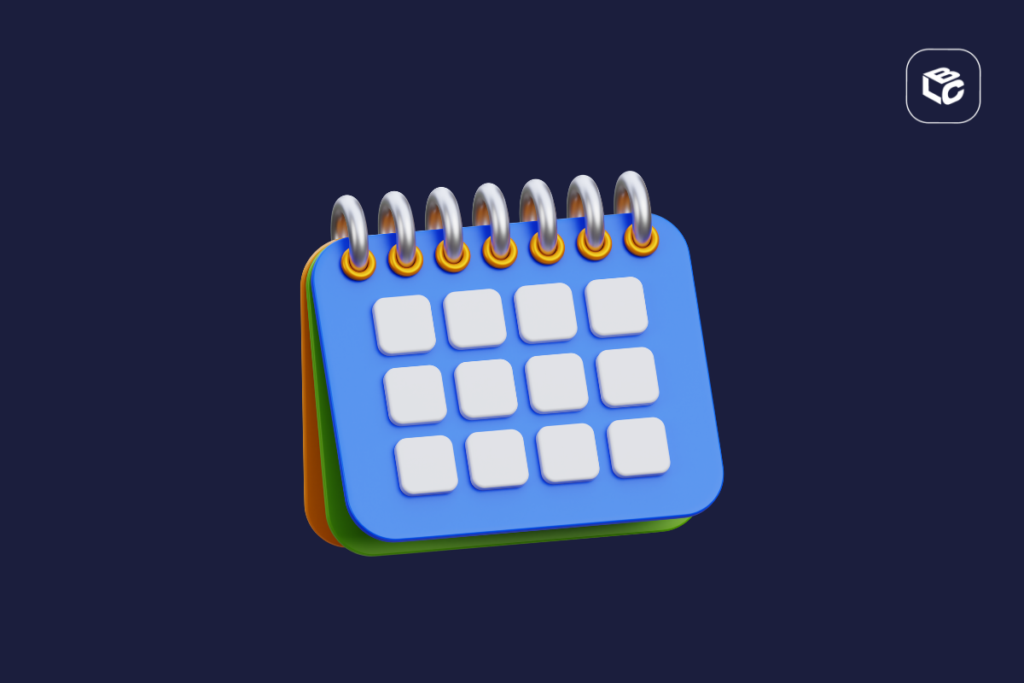 Calendário de bloco 3D com páginas azuis, verdes e laranjas, com anel de metal