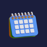 Calendário de bloco 3D com páginas azuis, verdes e laranjas, com anel de metal